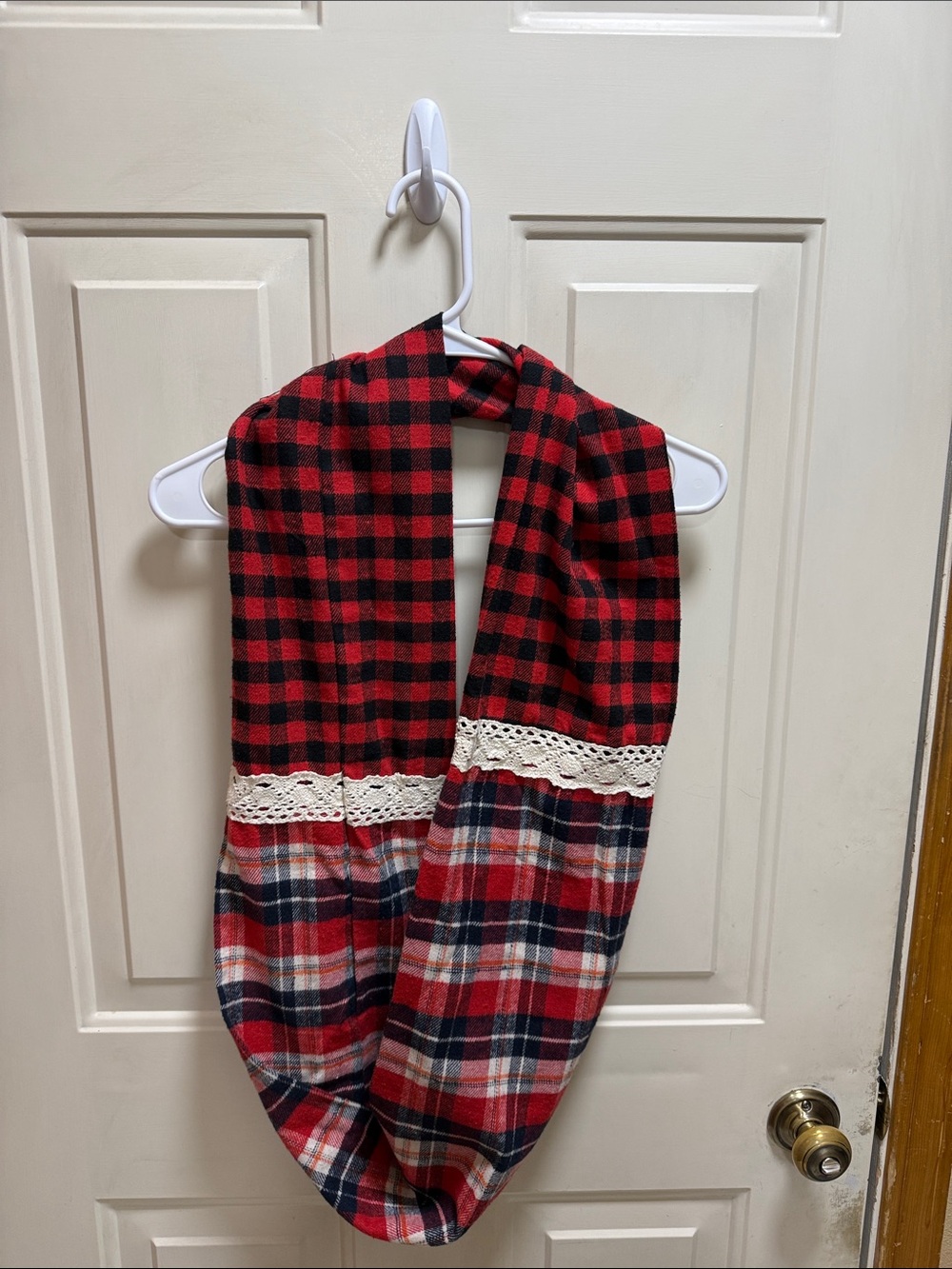 Red and Black Plaid Infinity Scarf with Lace Trim - Unbranded